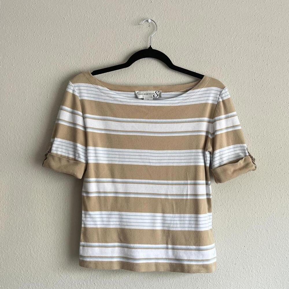 ✨SOLD✨ Jones Wear Studio Tan and Blue Striped Boat Neck Top